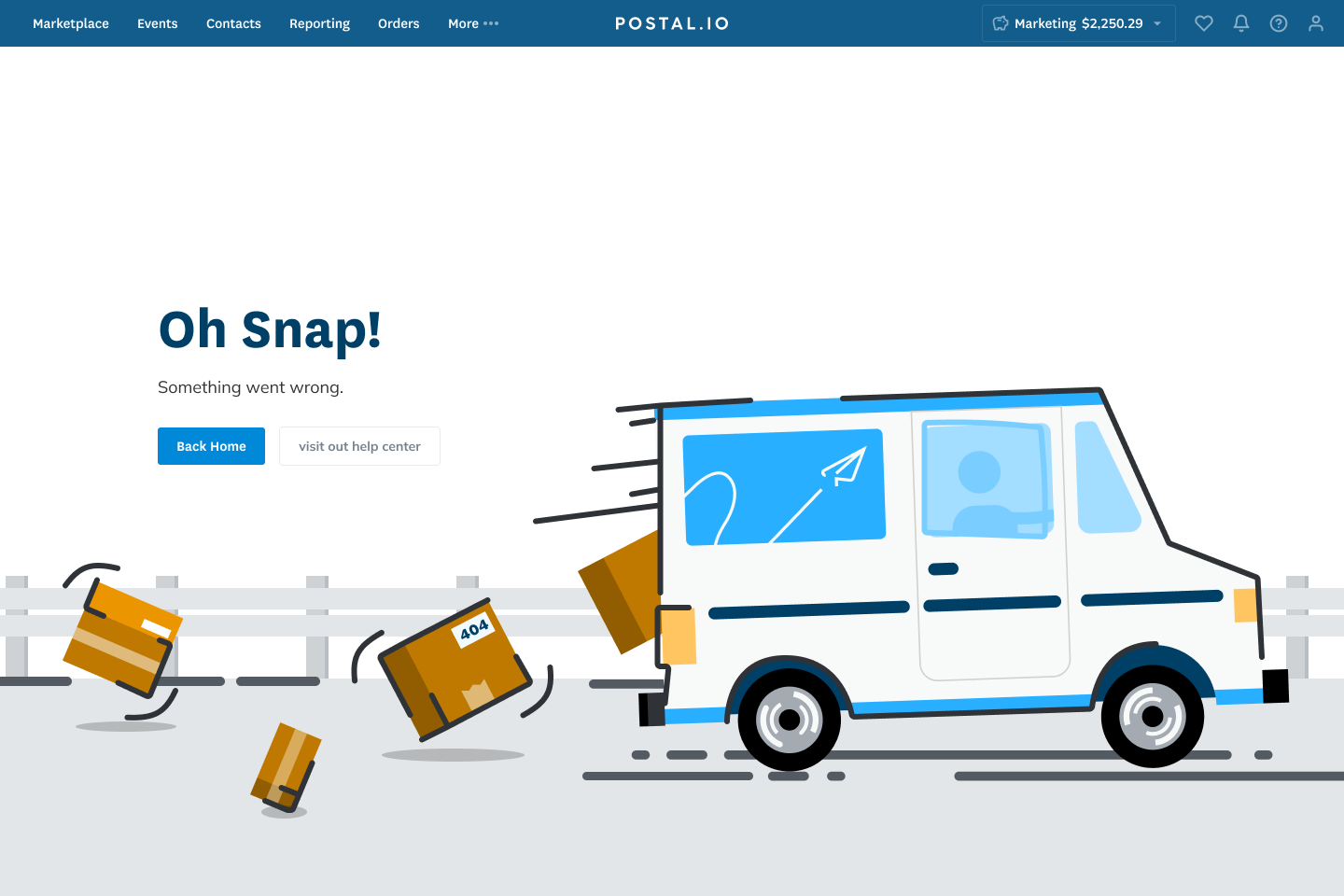 404 illustration showing mail fall out of a mailbox