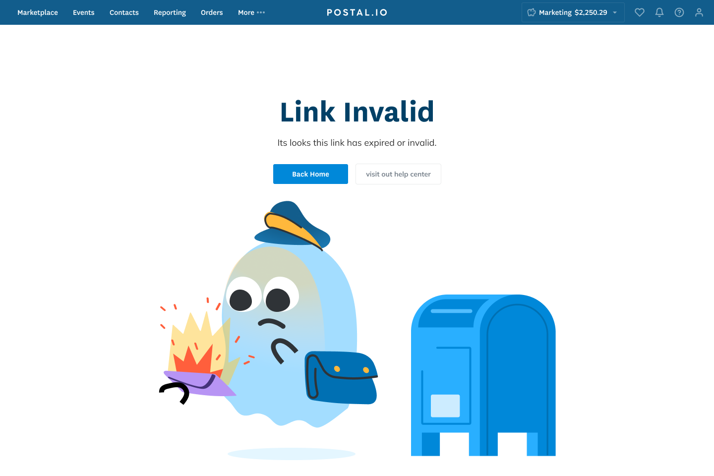 invalid link illustration showing mail on fire